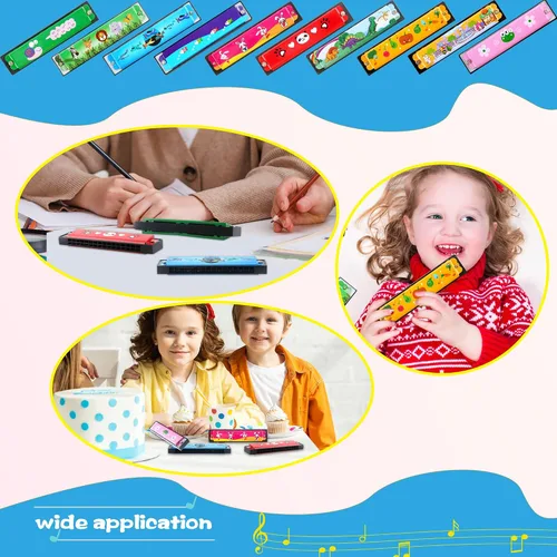 Vista 6 de 12 piezas de armónica de juguete para niños, armónica de dibujos animados, 16 agujeros, instrumento musical, armónicas para niños y niñas