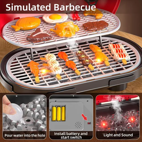 Vista 7 de Juego de Parrilla de Barbacoa para Niños de 4 a 8 Años, Juguetes de Cocina de Juego con Humo y Luz para Niños de 3 4 5 6 7, Juguetes de Barbacoa