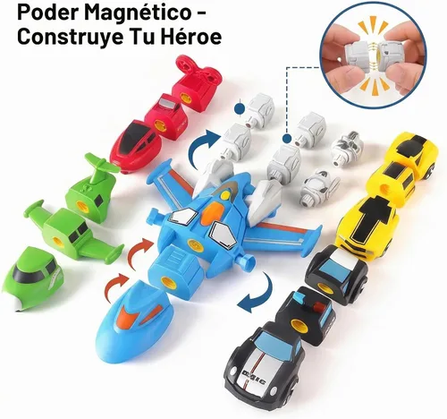 Vista 3 de QUERCITRON - Juego de vehículos magnéticos 5 en 1, juguete que se transforma en robot, kit de figuras de acción de construcción con piezas