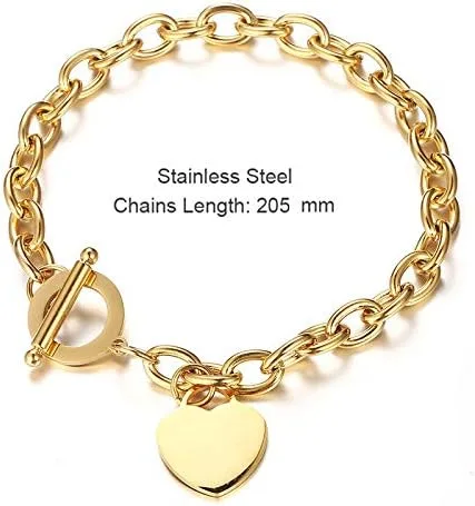 Vista 2 de Elegent - Pulsera de acero inoxidable con dije de corazón con cierre de palanca, chapado en oro y plata, cierre de OT, pulsera de cadena