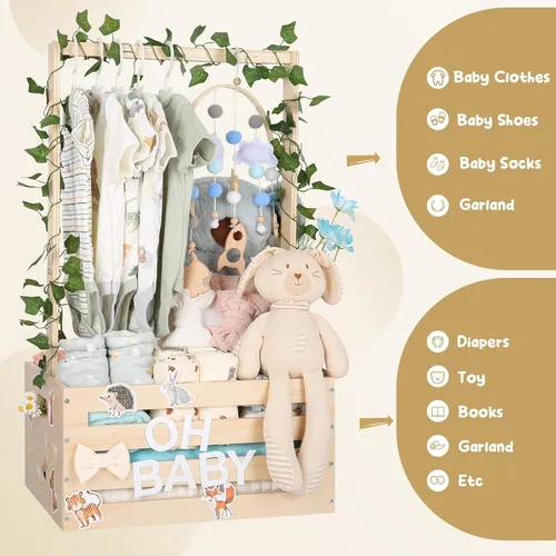 Vista 7 de Cesta grande de regalos para baby shower, caja de madera, colgadores de letras de madera personalizadas para bebé recién nacido niña niño, regalos
