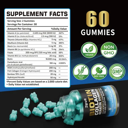 Vista 2 de zipvit Gomitas de colágeno de biotina, vitaminas para la piel y las uñas para mujeres y hombres, vitaminas para el crecimiento del cabello: B1, B2