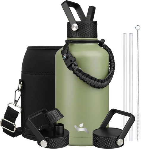 Vista 109 de Konokyo - Botella de agua aislada de 18 onzas, botellas deportivas de acero inoxidable con 3 tapas, verde militar