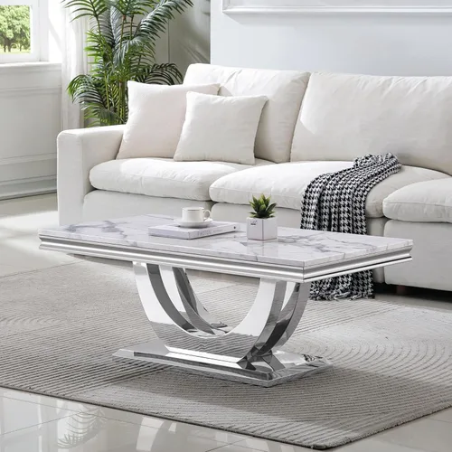 Vista 8 de Mesa de centro de 47 pulgadas de mármol negro con base en forma de U de acero inoxidable espejado, mesa central de parte superior rectangular