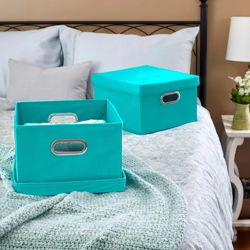 Vista 2 de Household Essentials Cajas de almacenamiento de tela con tapas y asas, color aguamarina Aqua