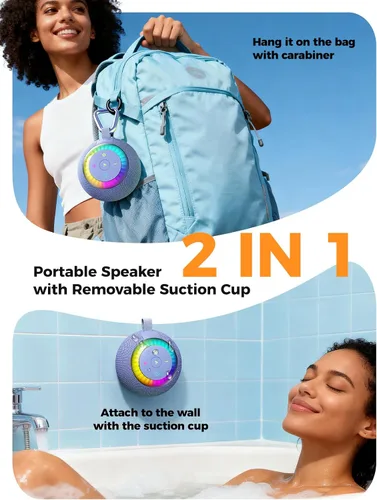 Vista 7 de Altavoz de ducha Bluetooth impermeable portátil: sonido envolvente de 360°, ventosa IPX7 extraíble con perilla de escape al vacío, 2 en 1, luces