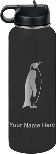 Vista 20 de LaserGram Botella de agua personalizada, pingüino, acero inoxidable de doble pared aislada al vacío con popote superior, regalo grabado
