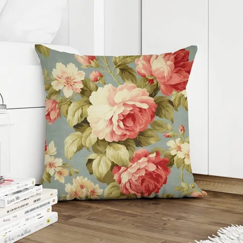 Vista 5 de Funda de almohada romántica de color aguamarina con rosas de col rosa, fundas de almohada florales de rosa francesa, funda de almohada