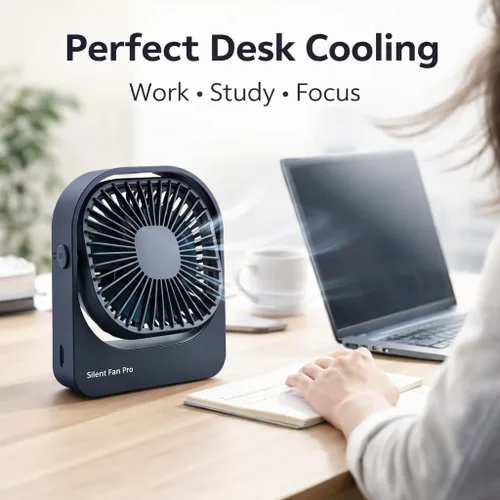 Vista 3 de Ventilador de escritorio portátil, ventilador pequeño inalámbrico recargable por USB de alta capacidad con rotación de 360°, ventilador personal Azul