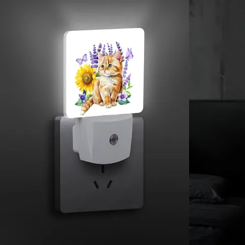 Vista 5 de Lindas flores de gatito y lavanda, mariposas de girasol con enchufe floral con sensor automático de atardecer a amanecer, luces nocturnas cálidas
