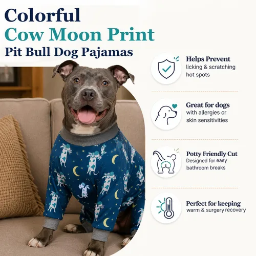Vista 6 de Tooth & Honey Pit Bull - Pijama para perro con estampado de vaca, luna y estrella, con cobertura completa, pijama ligera para perros grandes