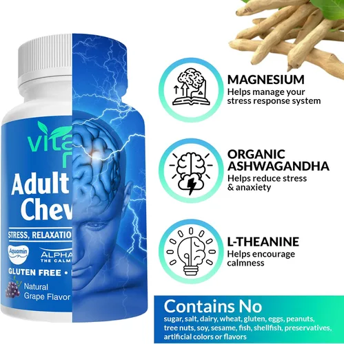 Vista 8 de Masticables de magnesio calmante para adultos, suplemento de magnesio, ashwagandha y L-teanina para el estrés, el estado de ánimo y la relajación