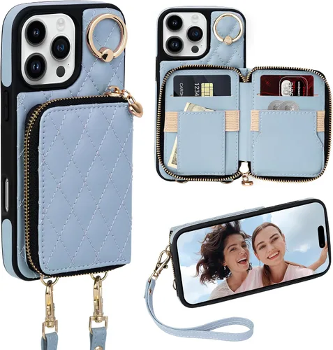 Vista 11 de Funda para iPhone 12 Pro/iPhone 12 de 6.1 pulgadas, cartera cruzada con cremallera para mujer, tarjetero con bloqueo RFID, funda de cuero con Negro