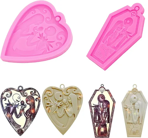 Vista 5 de Molde de silicona con agujero para llavero con forma de corazón con diseño de calavera para Halloween, manualidades, dulces, postres, aretes