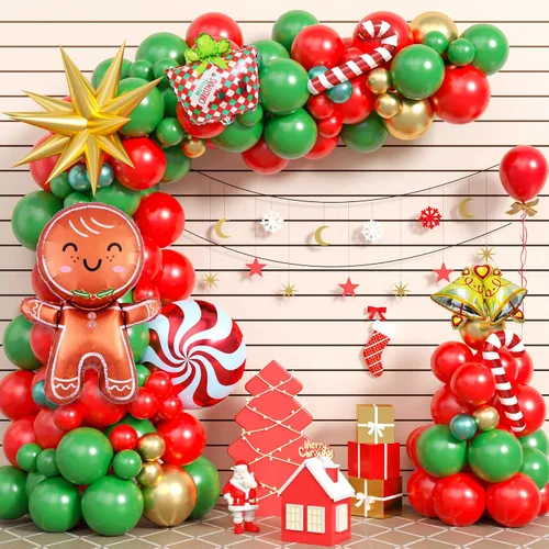 Vista 14 de Kit de Guirnalda de Globos de Navidad, 108 Piezas Globos Retro Verde Oscuro Rojo Oro Arco con Globos 4D, Globos de Caramelo en Forma de Bastón
