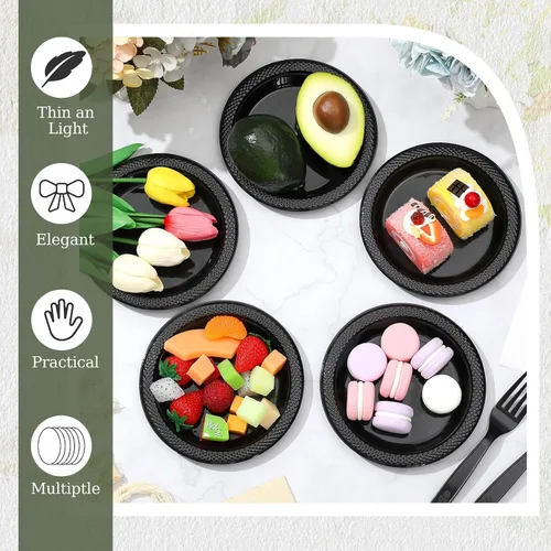 Vista 5 de Hushee 600 platos de postre de plástico negro de 6 pulgadas con tenedores de 7 pulgadas para aperitivo de pastel, 300 platos pequeños desechables