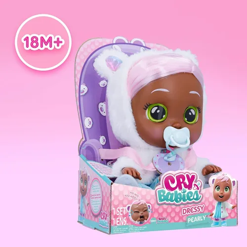 Vista 5 de Cry Babies Dressy Pearly - Muñeca bebé de 12 pulgadas, vestido azul, chaqueta blanca esponjosa con orejas de animales, para niñas y niños de 18