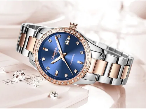 Vista 6 de Reloj mecánico automático de diamantes para mujer, acero inoxidable, zafiro impermeable, elegante reloj azul, Mecánico, cuerda automática
