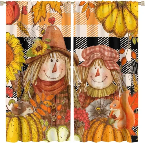 Vista 36 de Divertidas cortinas opacas de calabaza y espantapájaros para sala de estar, rústicas de otoño, hojas de arce, girasol, cosecha de otoño, puesta