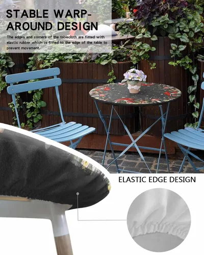 Vista 5 de Mantel Ajustado de Hongos para Mesa Redonda, Cubierta de Mesa de Cocina Botánica Pastoral Floral con Borde Elástico Tela Impermeable, Cubiertas Negro