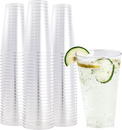 Vista 8 de FOCUSLINE Paquete de 100 vasos de plástico de 12 onzas con borde dorado, vasos transparentes de 12 onzas, vasos duros desechables elegantes