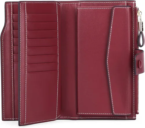 Vista 4 de SENDEFN Carteras de cuero para mujer, con bloqueo RFID, tarjetero con bolsillo con cremallera, rojo (3-red), Cartera de gran capacidad