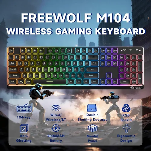 Vista 2 de M104 Teclado inalámbrico para juegos con cable/Bluetooth mecánico tacto iluminado teclado de computadora con teclado numérico RGB tamaño completo
