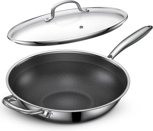 Vista 8 de Sartén híbrida de acero inoxidable de 12.5 pulgadas con tapa, sartén antiadherente texturizada con láser, sin PFOA, compatible con inducción, apta