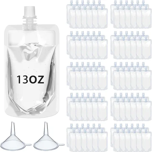 Vista 15 de Meanplan 100 bolsas de plástico reutilizables a granel, bolsas de plástico transparente a prueba de fugas para jugos con embudo para suministros