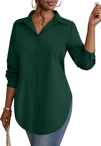 Vista 16 de Rooscier Blusa larga con cuello en V para mujer, manga larga, abertura lateral, con botones