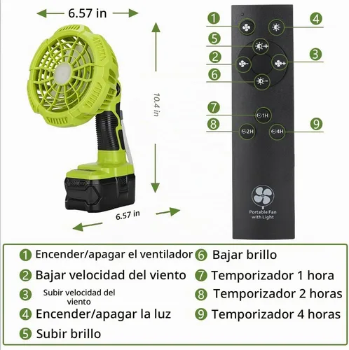 Vista 5 de 18V Cordless Fan Compatible with Ryobi 18V Battery, Battery Operated Fan for Camping with LED Light, Remote, 3 Wind/Brightness Modes, Timer for Tent