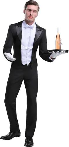 Vista 2 de Butler Outfit For Men Costume Black Tailcoat Jacket With Attached Vest Panels, Shirt Front, Bow Tie And Pants