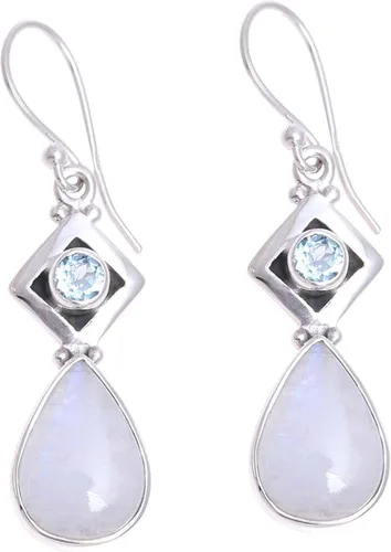 Vista 3 de NOVICA Aretes colgantes hechos a mano con piedra lunar y topacio azul, lágrima, plata de ley 925, piedra natal india 1.7 pulgadas de largo x 0.4