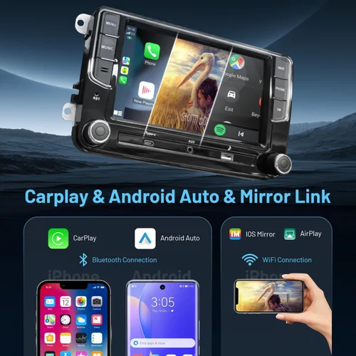 Vista 5 de Estéreo auto inalámbrico del coche de CarPlay Android para VW, 7" radio doble DIN Fits Golf Passat Jetta Tiguan, Navigation, hands-free calls