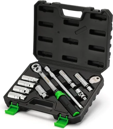 Vista 9 de TecoTek juego de 11 piezas de enchufes de bujía de 3/8" con llave de torque de clic, separador de bujías, junta universal, barra de extensión