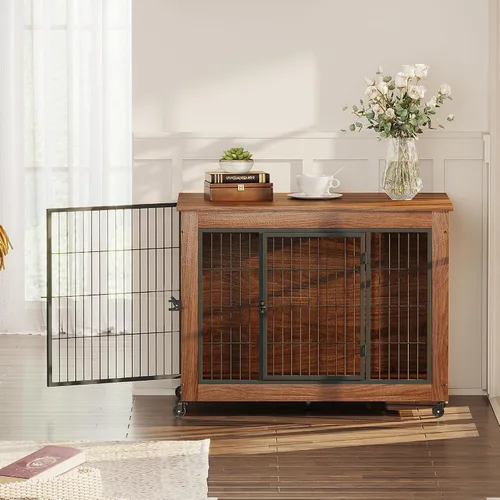 Vista 8 de Mueble de jaula para perros de 38.6 pulgadas con ruedas, mesa de madera resistente para perrera, jaula para mascotas de interior con 2 puertas, caja