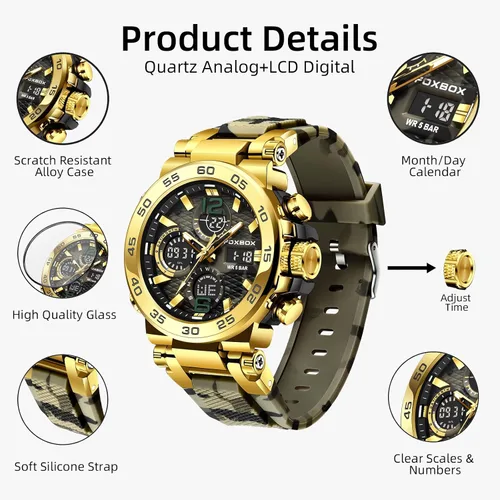 Vista 7 de Men's Outdoor Sports Quartz Watches,Waterproof,Clock,Glow,Alarm Clock Multi-Function Analog & Digital Watches for Men,Big Face Easy to