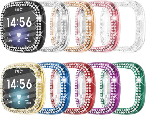 Vista 21 de Fullife Paquete de 10 Parachoques de TPU para Fitbit Versa 2, Fundas de Cristal con Diamantes Brillantes HD, Funda Protectora Completa, Resistente a