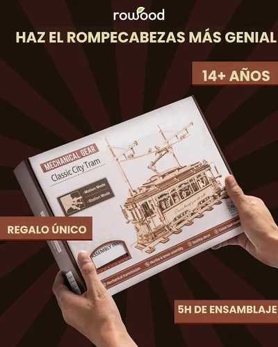 Vista 6 de RoWood Rompecabezas 3D para adultos, kit de modelo de automóvil, rompecabezas de madera 3D, modelo de tranvía mecánico, kit de construcción