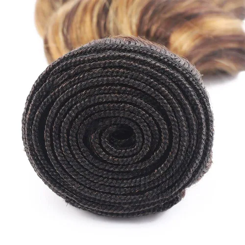 Vista 3 de P4/27 paquetes de cabello humano con reflejos marrones de onda profunda, paquetes de 10 pulgadas sin procesar rubio virgen rizado profundo