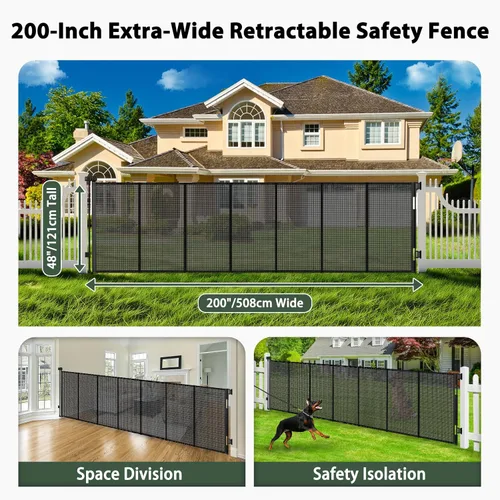 Vista 2 de Puertas retráctiles de 200 pulgadas para bebés, puertas extra anchas para perros, puerta de 48 pulgadas extra alta para mascotas, puerta retráctil