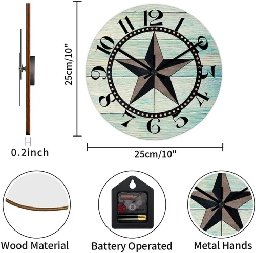Vista 2 de Reloj de pared redondo de estilo rústico con estrellas del oeste de Texas, reloj de madera, silencioso, sin tictac, funciona con pilas, con números