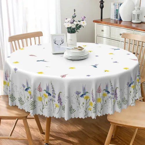 Vista 28 de Mantel redondo floral rústico de 48 pulgadas, con estampado botánico de flores en acuarela verde, azul y gris, a prueba de derrames y aceite, tela