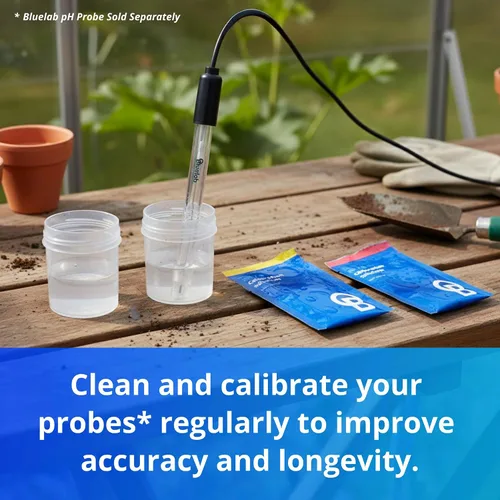 Vista 5 de Kit de cuidado para sonda de pH Bluelab CAREKITPH con solución de calibración, solución de almacenamiento y cepillo, utilizado para lápiz de pH