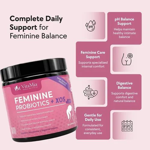 Vista 4 de VitaMia - Probióticos femeninos para mujeres: probióticos para mujeres, cuidado femenino avanzado con 10 mil millones de UFC más prebióticos XOS