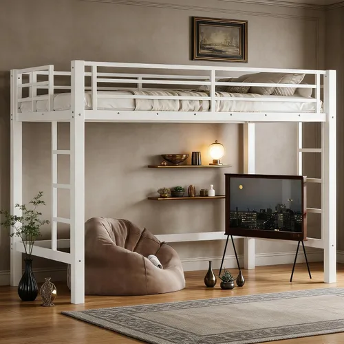 Vista 12 de Cama alta individual con escaleras, cama alta de metal individual con tapones antivibraciones y reducción de ruido, cama alta resistente