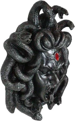 Vista 4 de Ebros Mitología griega Gorgona Diosa Medusa Cabeza con pelo de serpientes y frasco rojo de gema de sangre Decoración de pared Estatua de 16 pulgadas