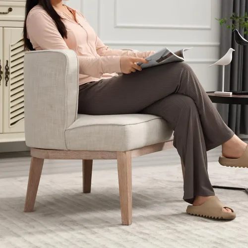 Vista 9 de BESTANO Silla decorativa con brazo de barril con patas de madera, cómoda silla lateral de barril tapizada de lino con respaldo para sala de estar