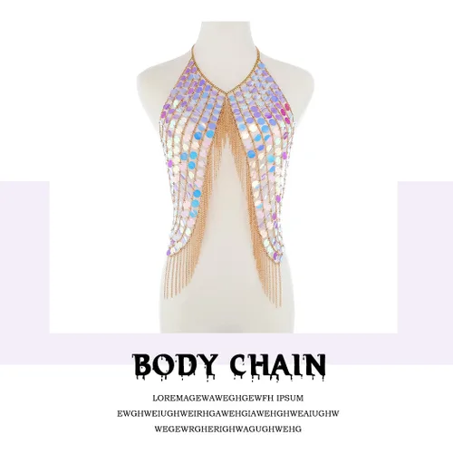 Vista 6 de Yovic Cadena de cuerpo bohemio con lentejuelas doradas, cadenas de cintura sexy con borlas, cadena de barra de borla para rave, club nocturno