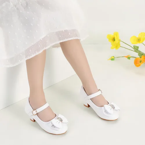 Vista 4 de PANDANINJIA Vestido de jada para niñas y niños pequeños, zapatos de princesa Mary Jane con tacones con lazo para fiesta, boda, boda
